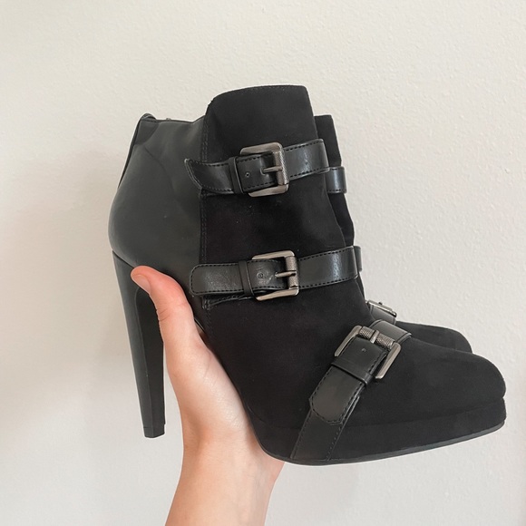 Black Buckle Heeled Booties - Picture 1 of 4
